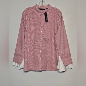 Brooke Shields Timeless Pomegranate Red Striped Ruffle Cuff Blouse,  Sz 14